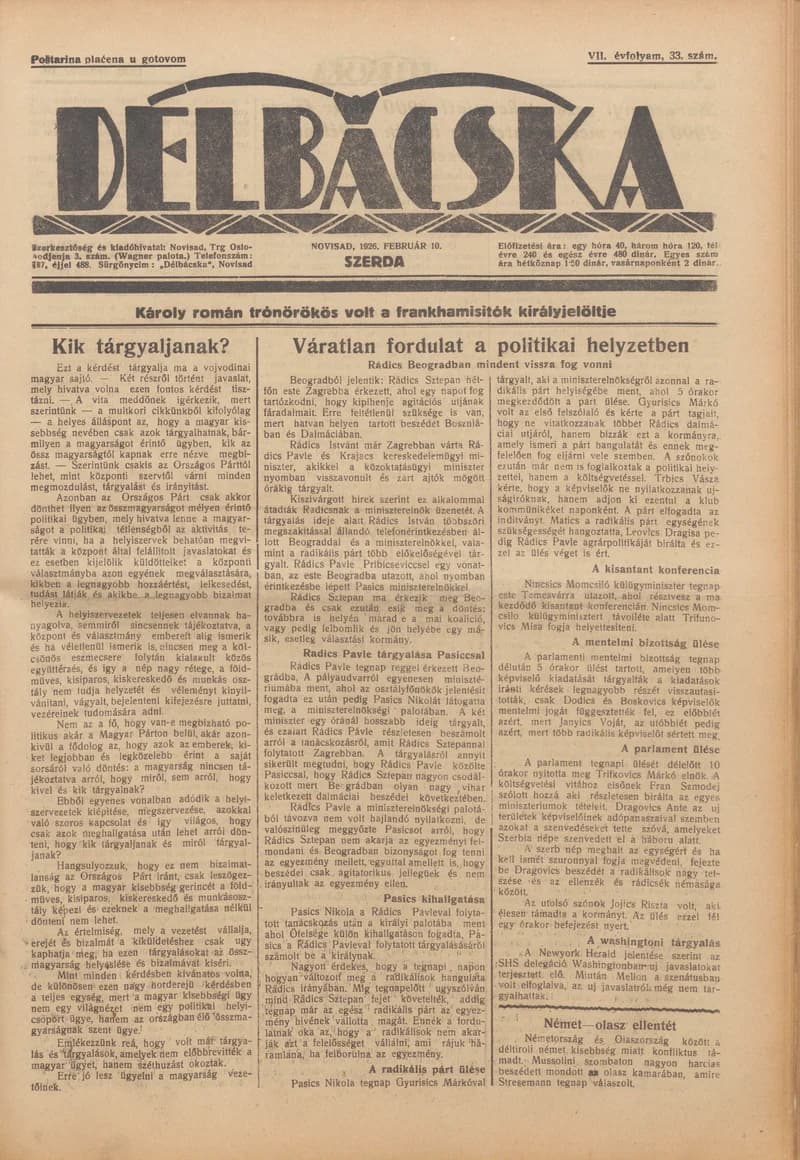 Délbácska, 7. évf. 1926. február 10. 33. sz.
