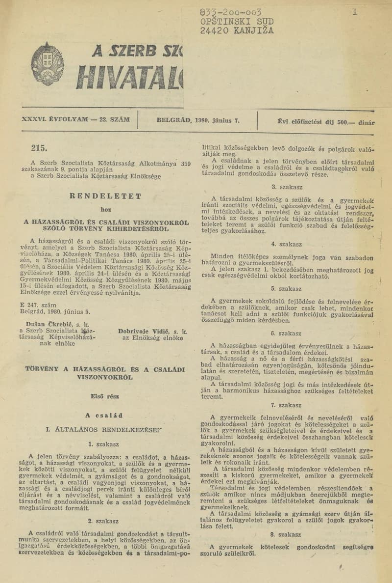 A Szerb Szocialista Köztársaság Hivatalos Közlönye, 36. évf. 1980. június 7. 22. sz. 1257–1292. oldal