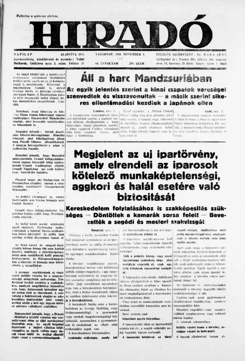 Híradó, 60. évf. 1931. november 8. 259. sz.