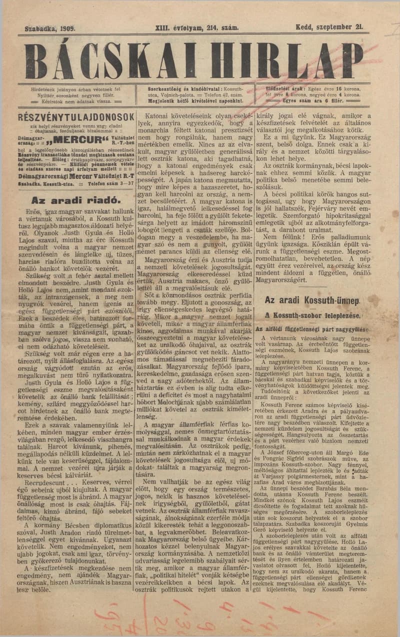 Bácskai Hirlap, 13. évf. 1909. szeptember 21. 214. sz.