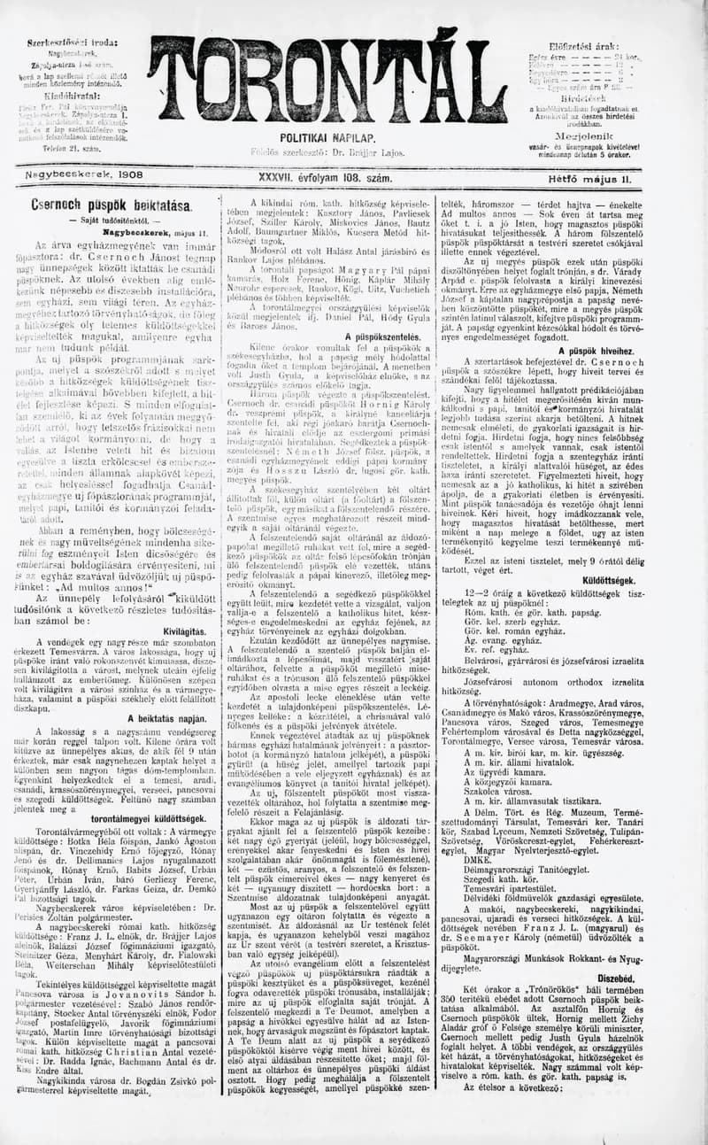 Torontál, 37. évf. 1908. május 11. 108. sz.