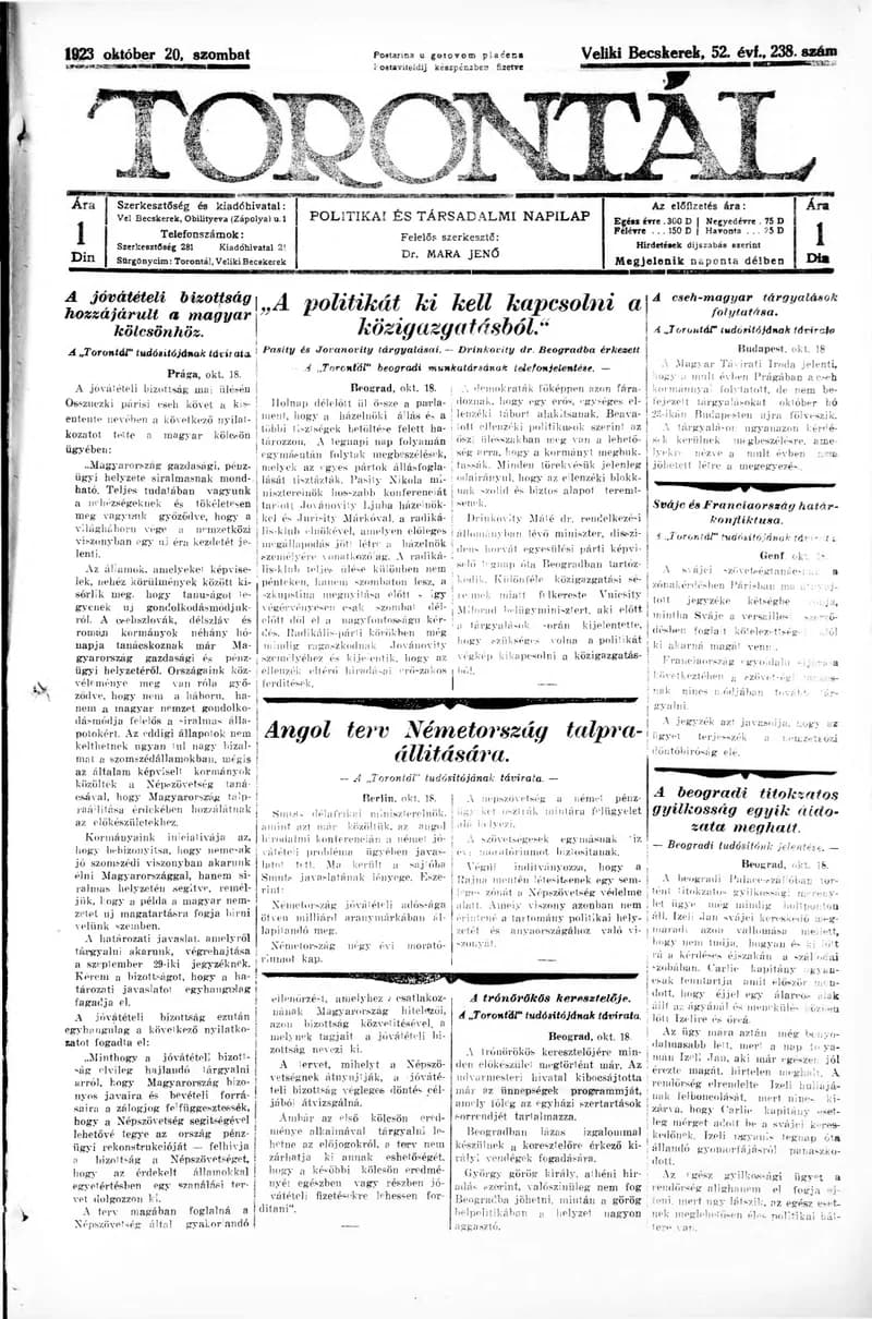 Torontál, 52. évf. 1923. október 20. 238. sz.