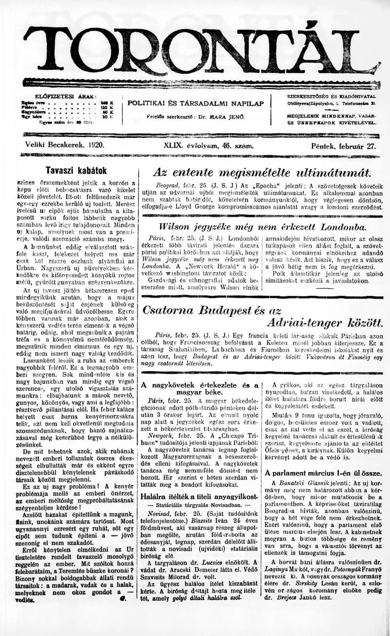 Torontál, 49. évf. 1920. február 27. 46. sz.