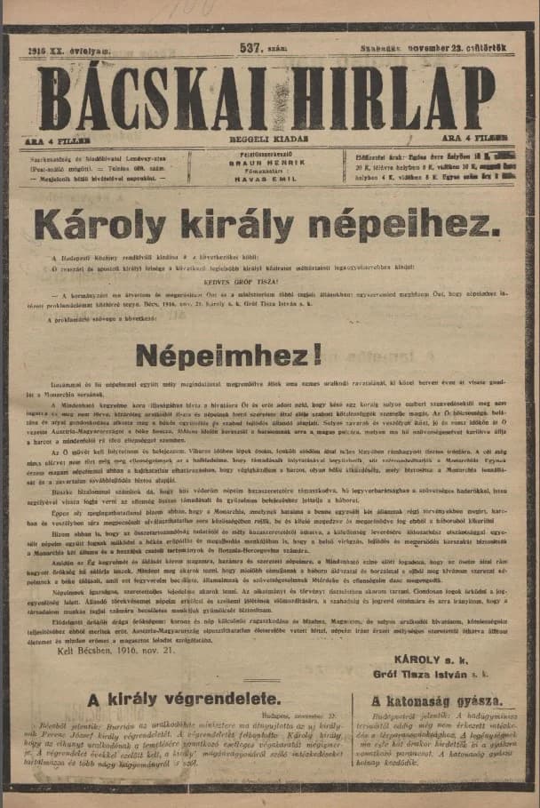 Bácskai Hirlap, 20. évf. 1916. november 23. 537. sz.