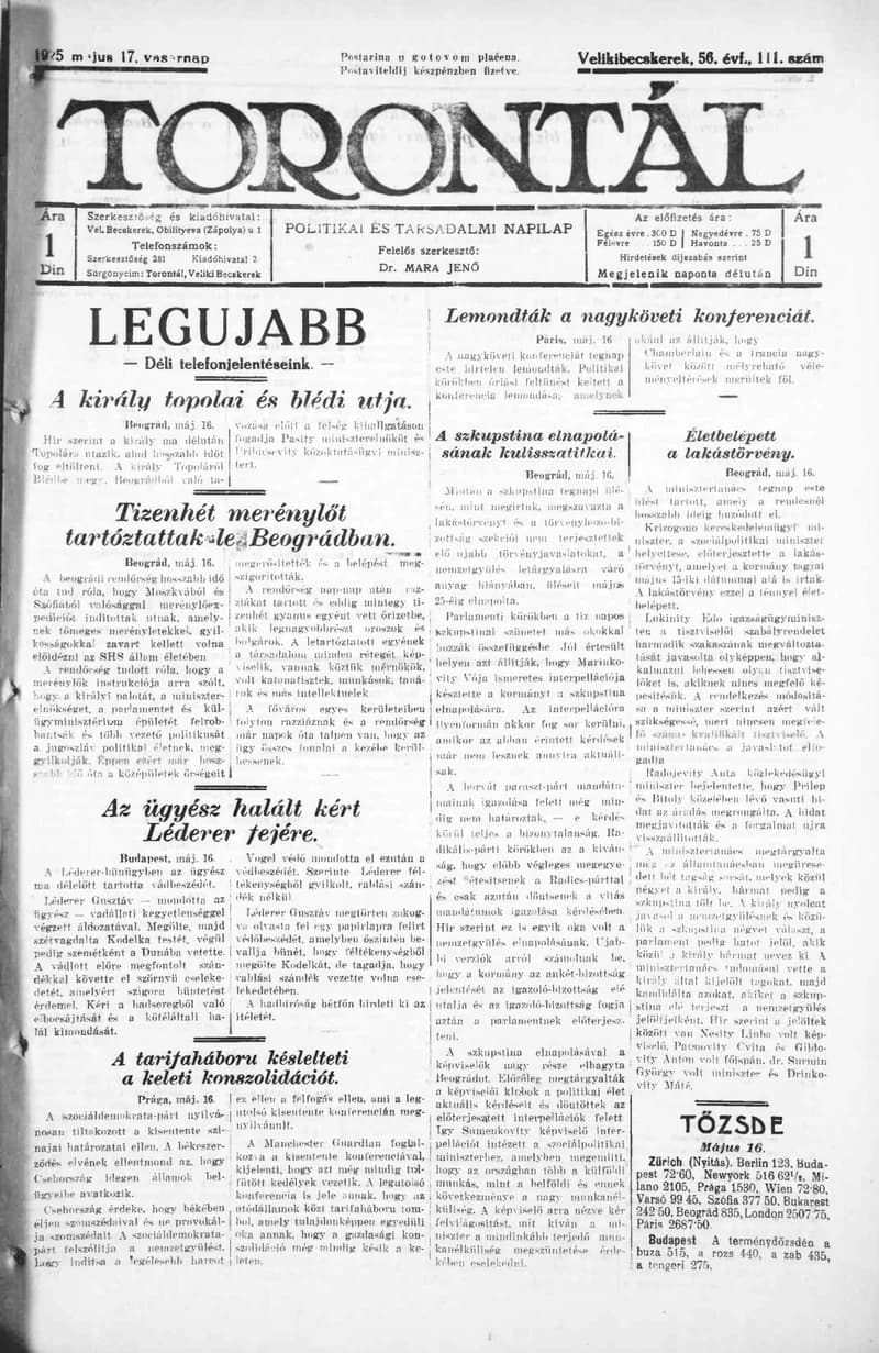 Torontál, 54. évf. 1925. május 17. 111. sz.