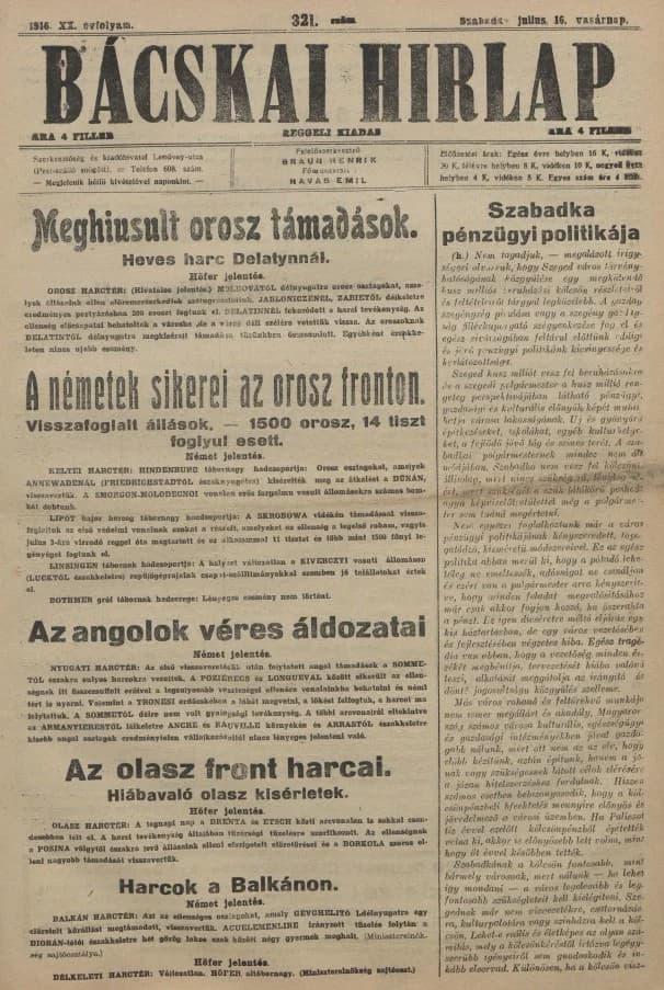 Bácskai Hirlap, 20. évf. 1916. július 16. 321. sz.
