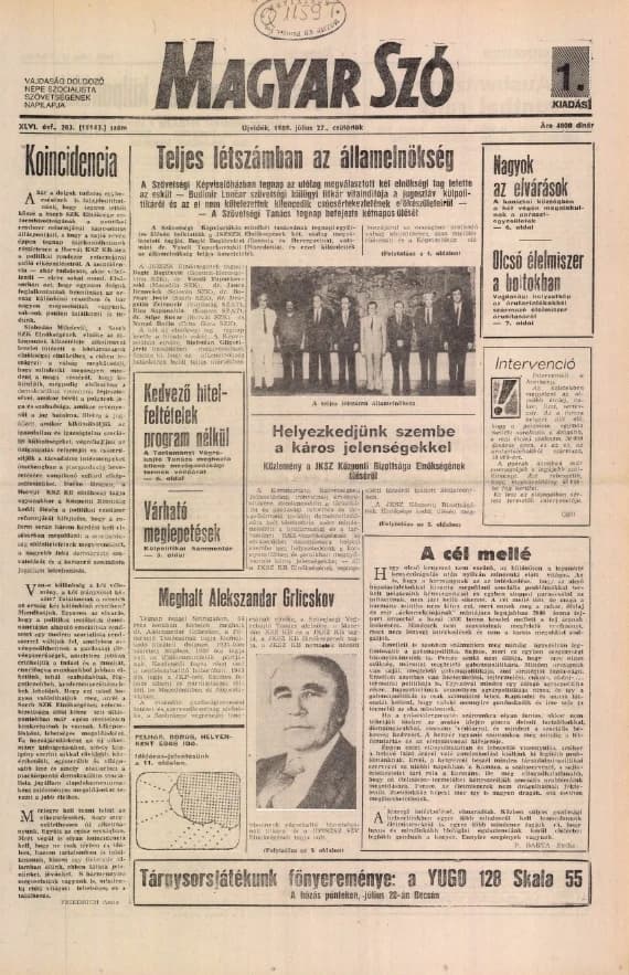 Magyar Szó, 46. évf. 1989. július 27. 204. sz. 1–16. oldal