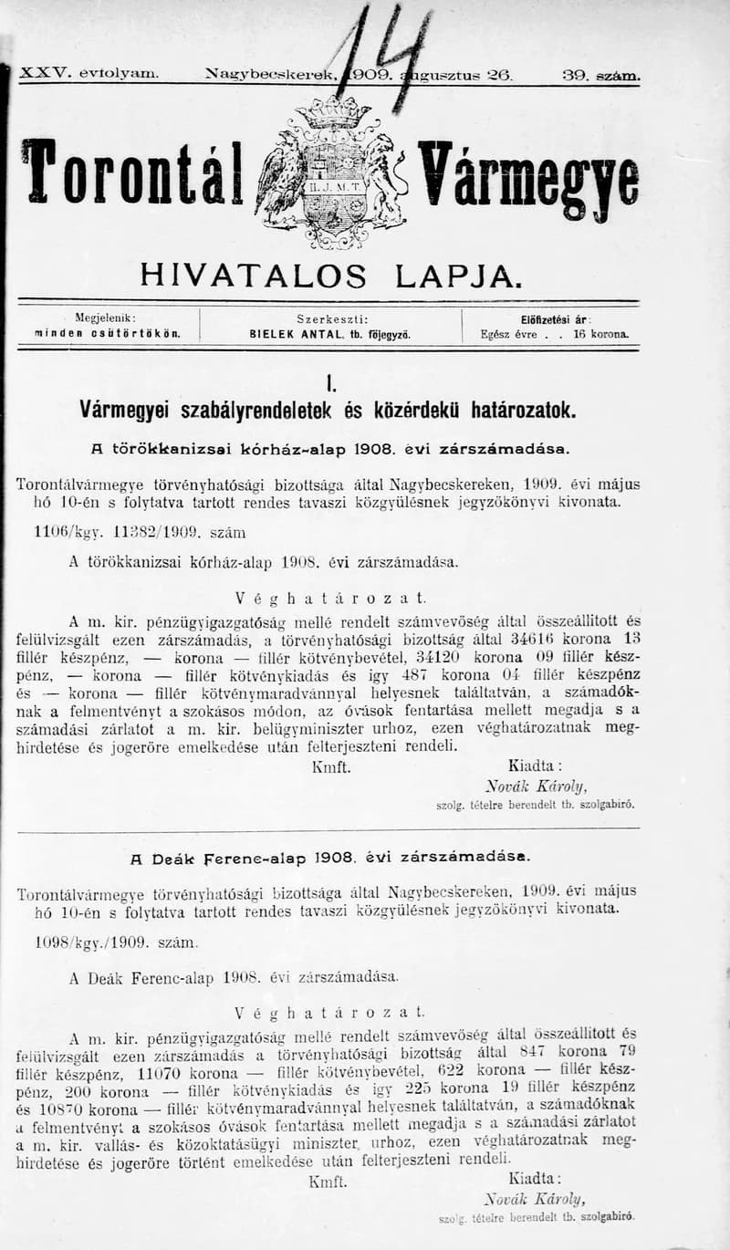 Torontál Vármegye Hivatalos Lapja, 25. évf. 1909. augusztus 26. 39. sz.