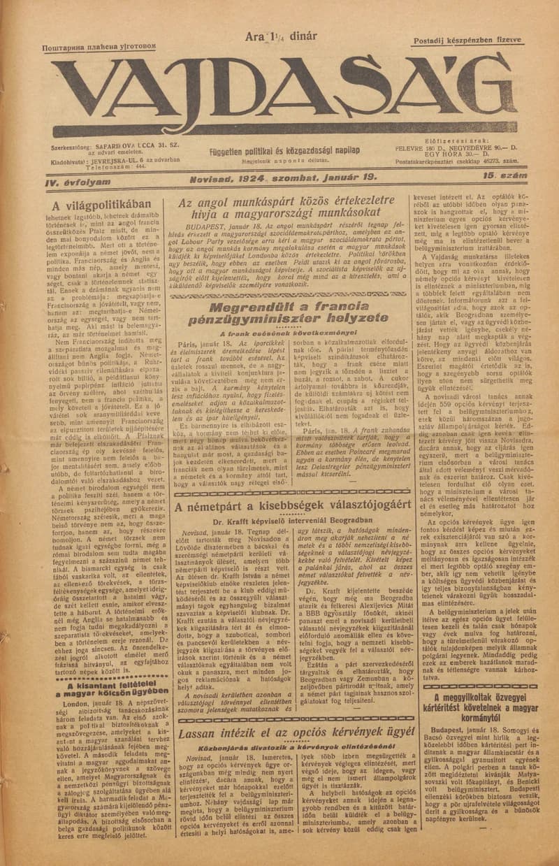 Vajdaság, 4. évf. 1924. január 19. 15. sz.