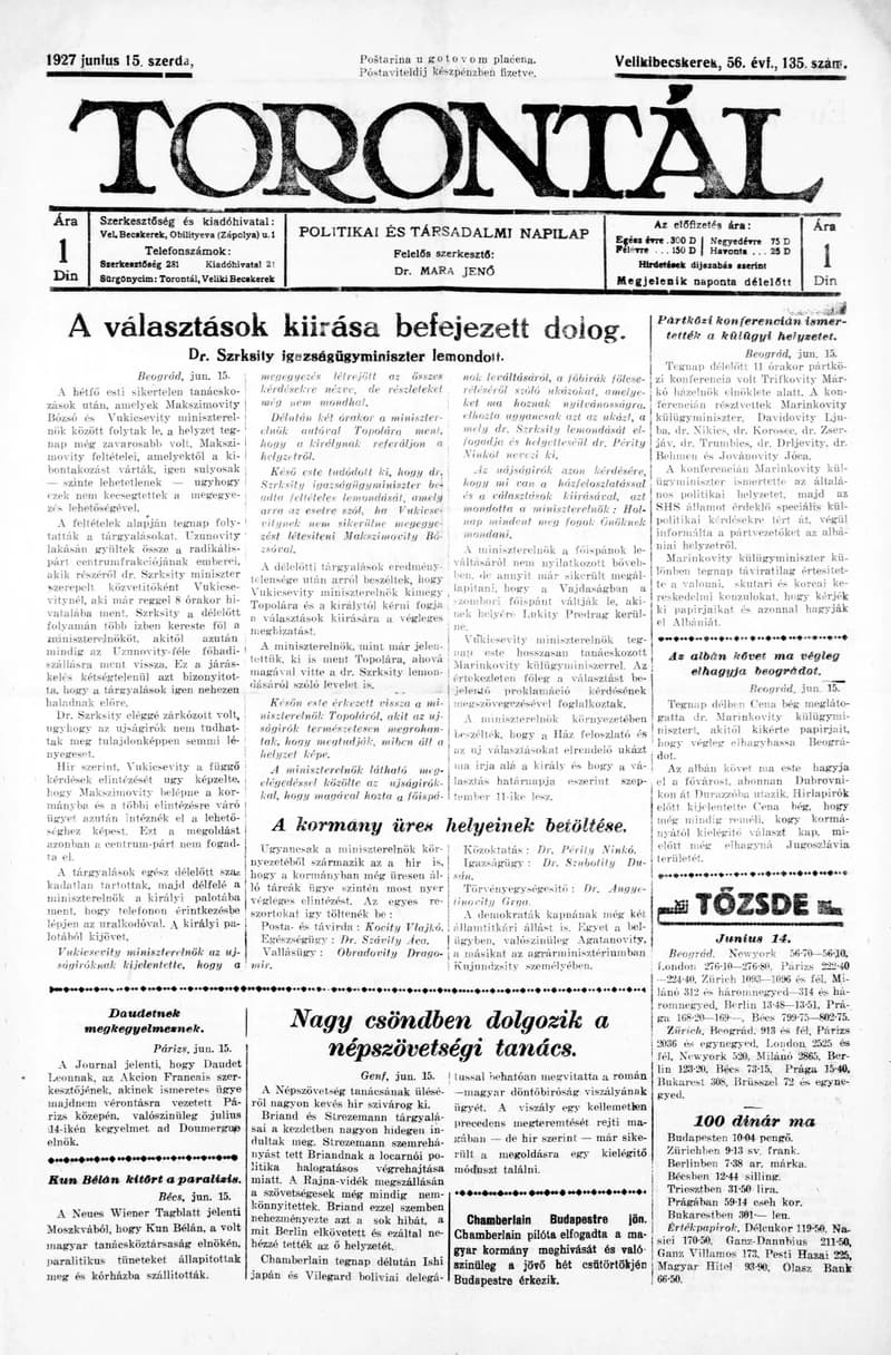 Torontál, 56. évf. 1927. június 15. 135. sz.
