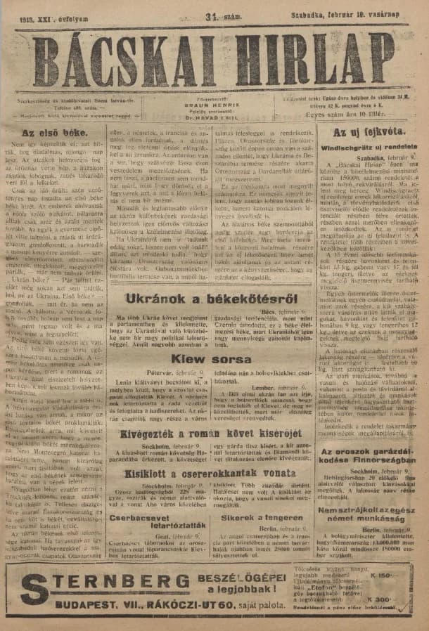 Bácskai Hirlap, 22. évf. 1918. február 10. 34. sz.