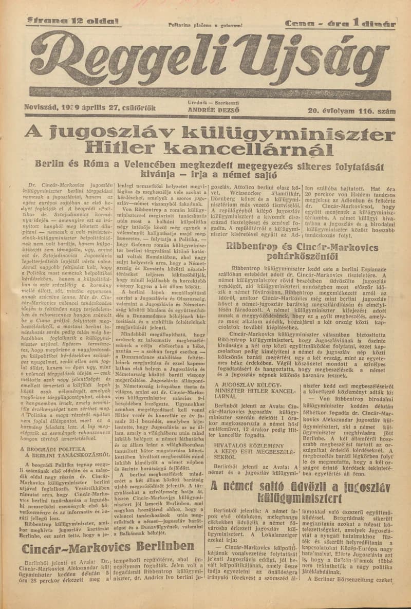 Reggeli Újság, 20. évf. 1939. április 27. 116. sz.