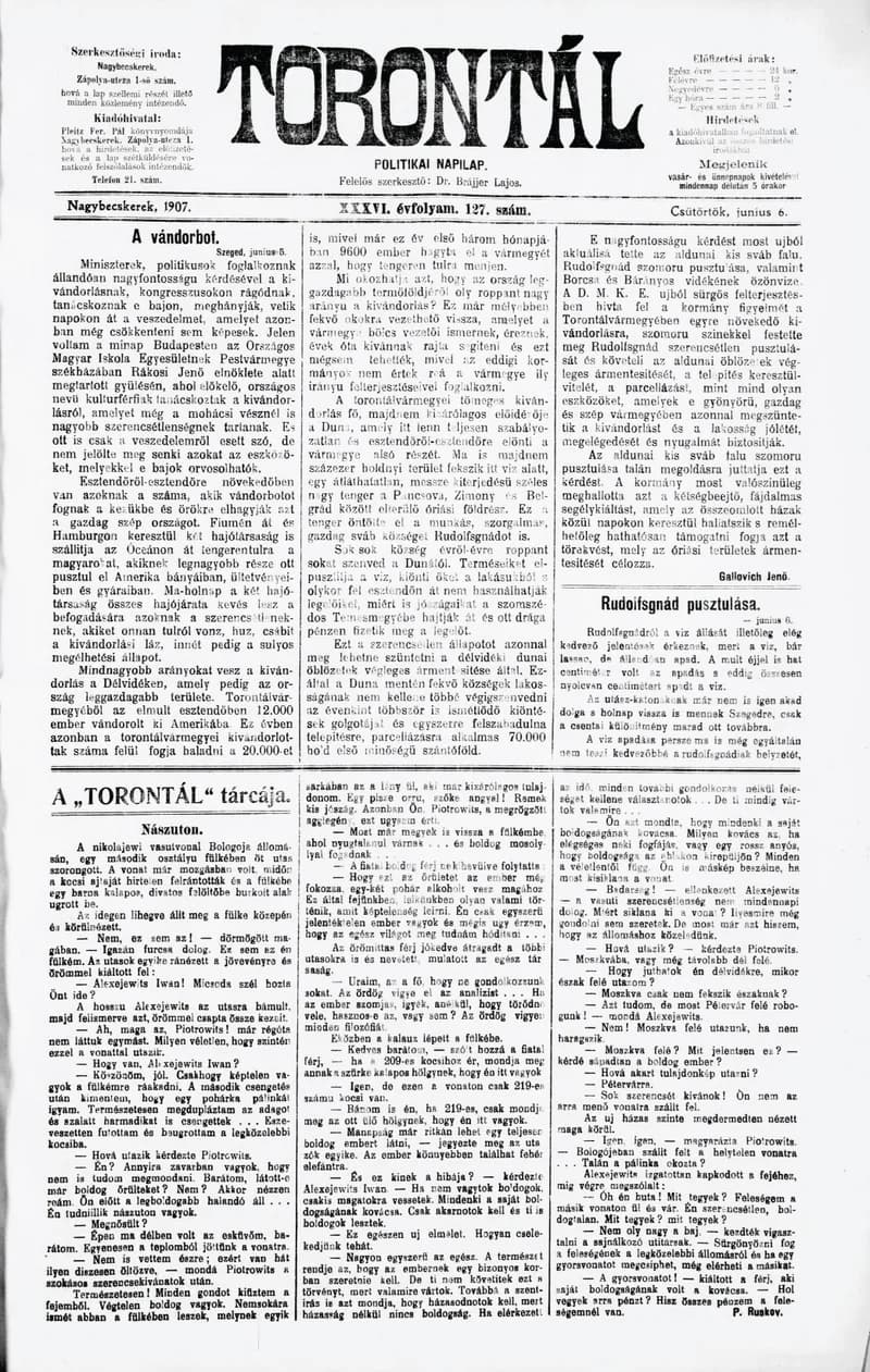 Torontál, 36. évf. 1907. június 6. 127. sz.