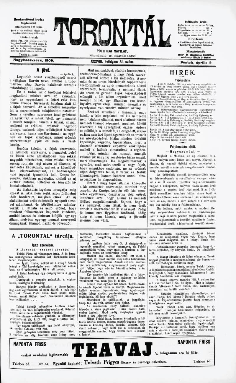 Torontál, 38. évf. 1909. április 9. 81. sz.