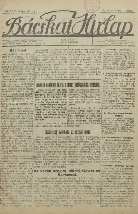 Bácskai Hirlap, 24. évf. 1920. október 1. 162. sz.