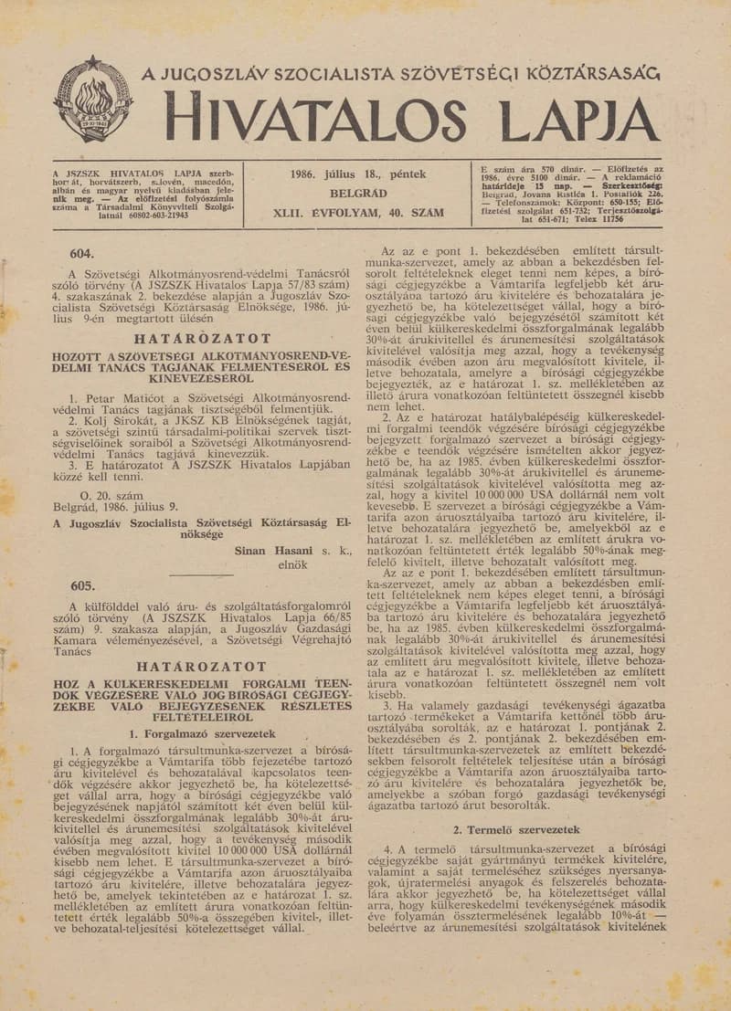 A Jugoszláv Szocialista Szövetségi Köztársaság Hivatalos Lapja, 42. évf. 1986. július 18. 40. sz. 1161–1236. oldal