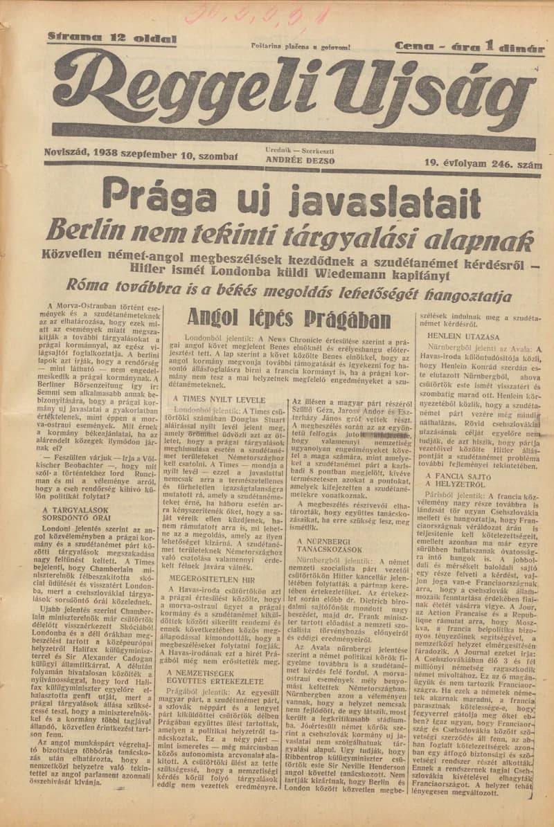 Reggeli Újság, 19. évf. 1938. szeptember 10. 246. sz.