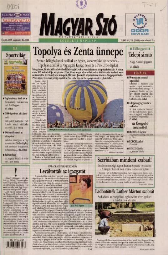 Magyar Szó, 66. évf. 2009. szeptember 14. 216. sz. 1–16. oldal