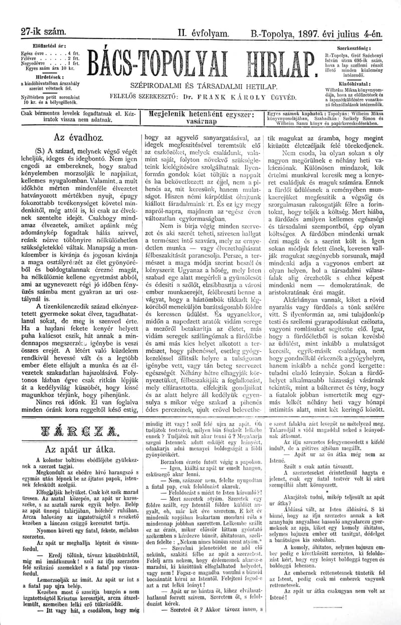 Bács-Topolyai Hirlap, 2. évf. 1897. július 4. 27. sz.