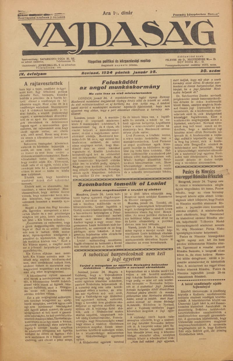 Vajdaság, 4. évf. 1924. január 25. 20. sz.