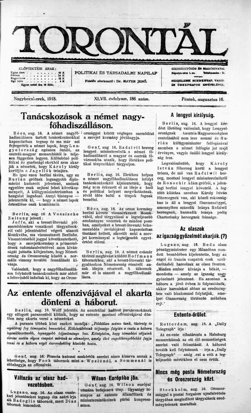 Torontál, 47. évf. 1918. augusztus 16. 186. sz.