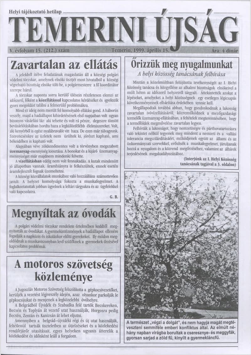Temerini Újság, 5. évf. 1999. április 15. 15. sz.