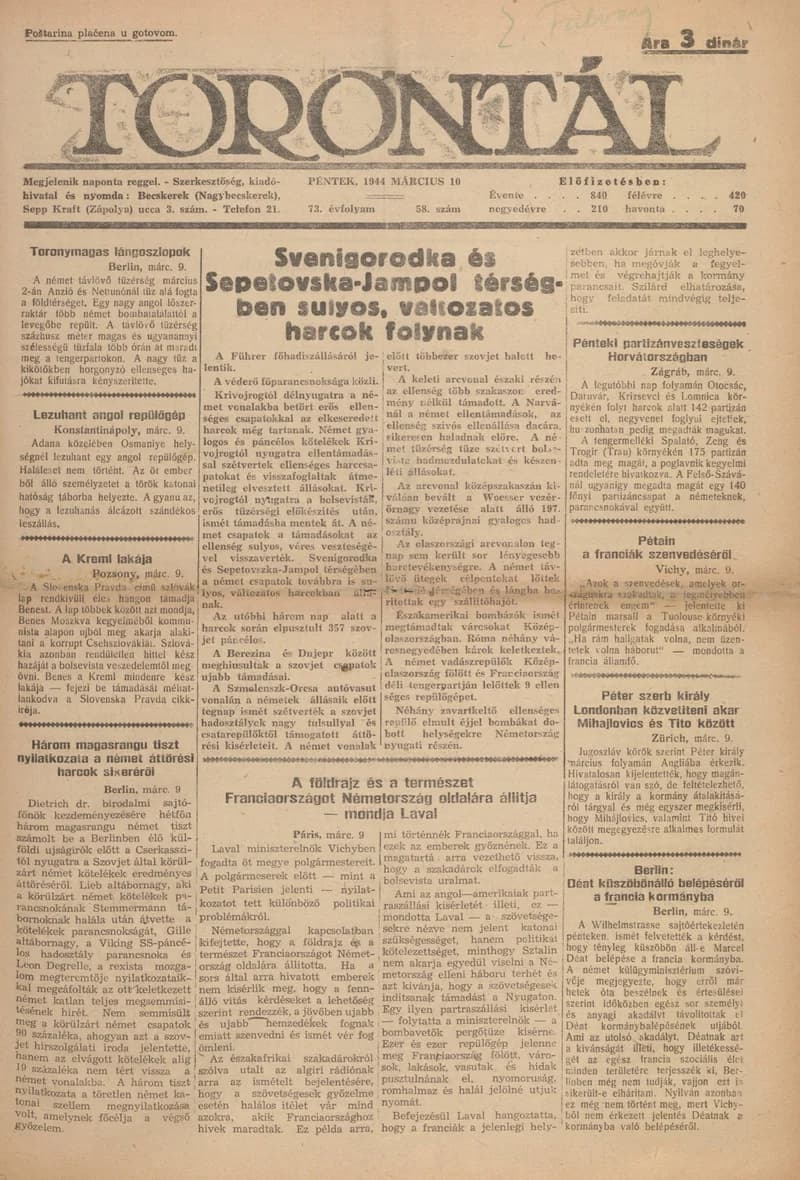 Torontál, 73. évf. 1944. március 10. 58. sz.