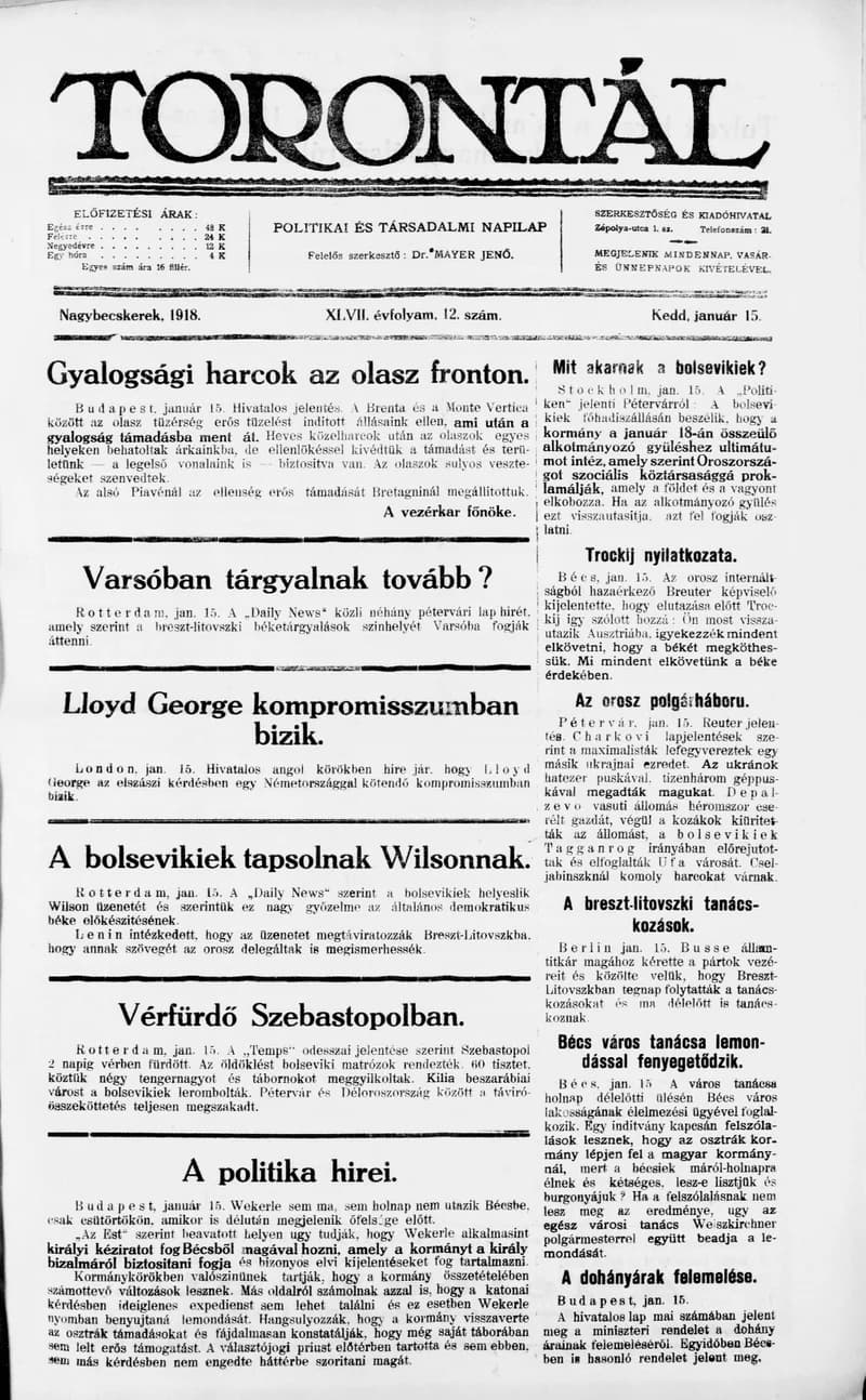 Torontál, 47. évf. 1918. január 15. 12. sz.