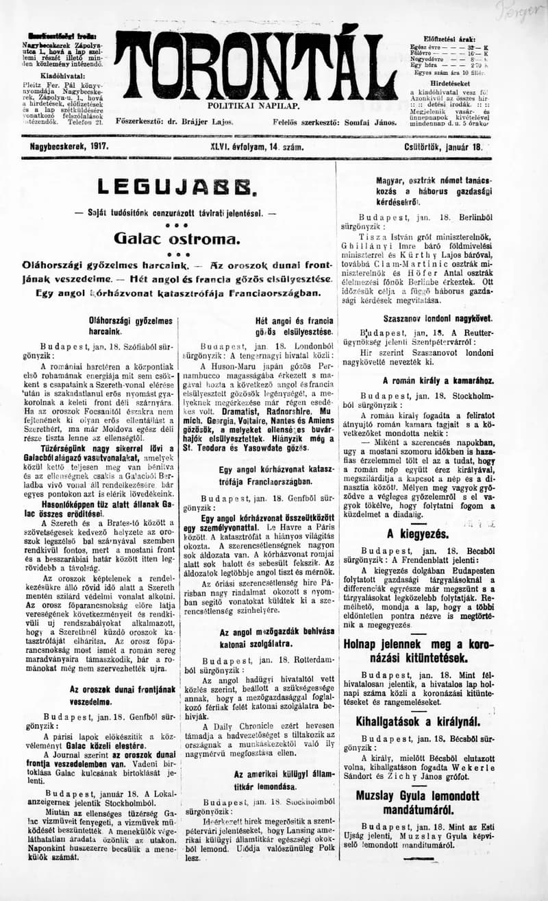 Torontál, 46. évf. 1917. január 18. 14. sz.