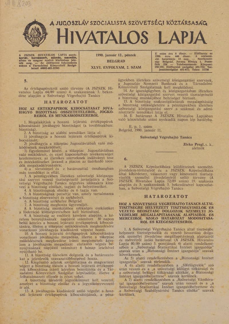 A Jugoszláv Szocialista Szövetségi Köztársaság Hivatalos Lapja, 46. évf. 1990. január 12. 2. sz. 21–60. oldal