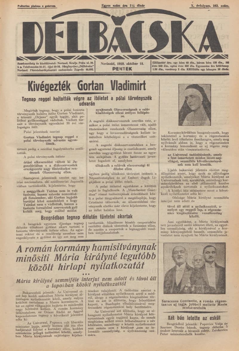 Délbácska, 10. évf. 1929. október 18. 243. sz.
