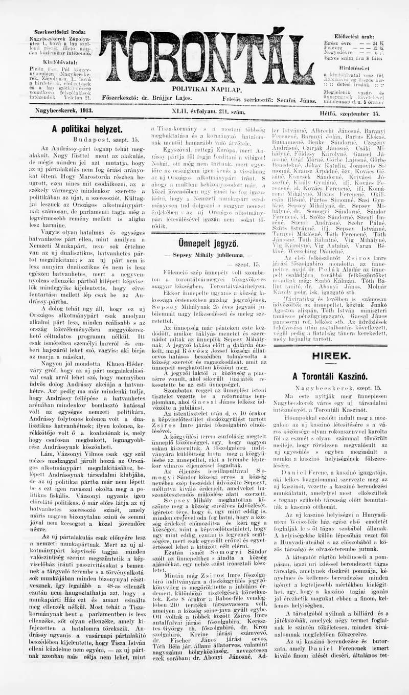 Torontál, 42. évf. 1913. szeptember 15. 211. sz.