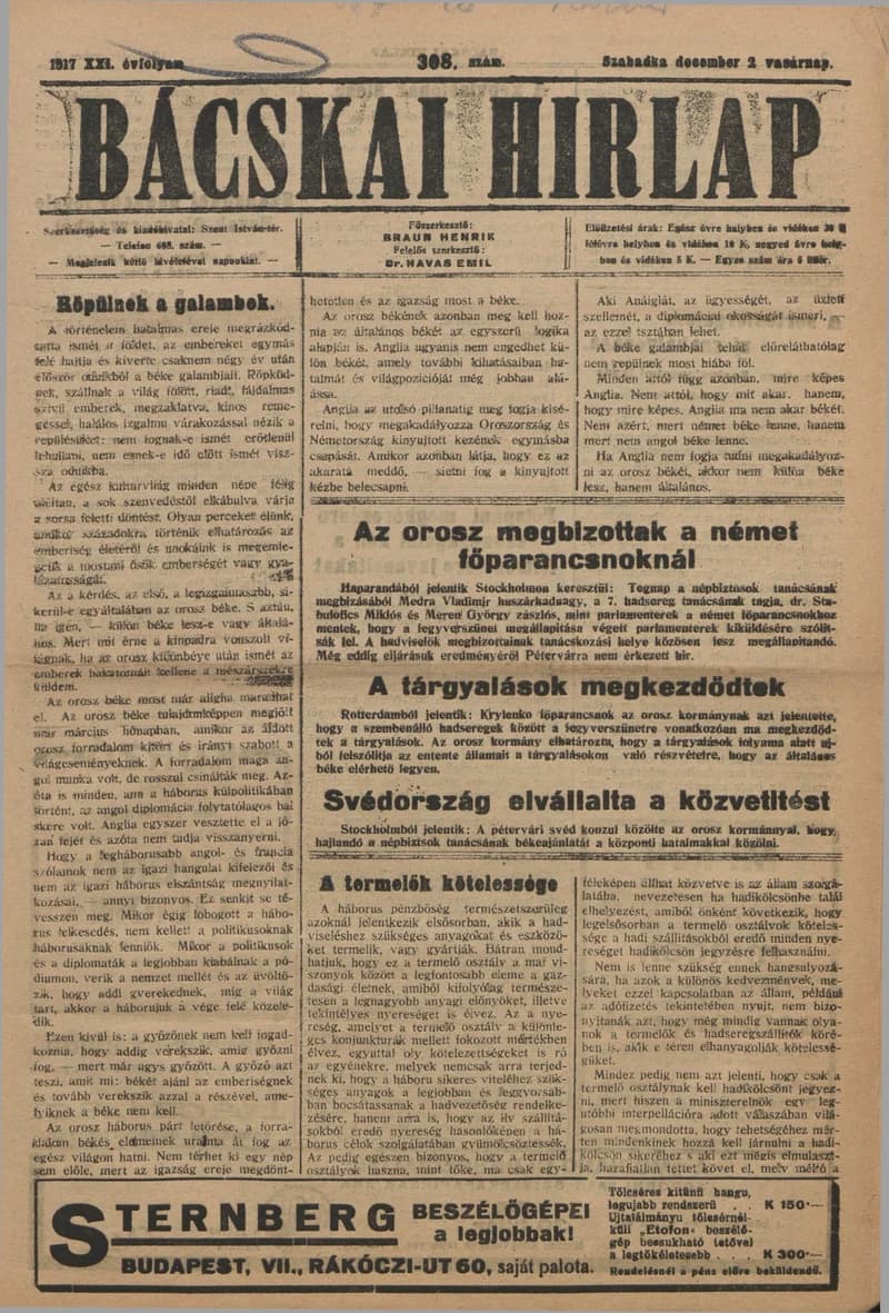 Bácskai Hirlap, 21. évf. 1917. december 2. 308. sz.