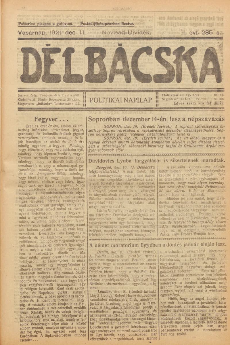 Délbácska, 2. évf. 1921. december 11. 285. sz.