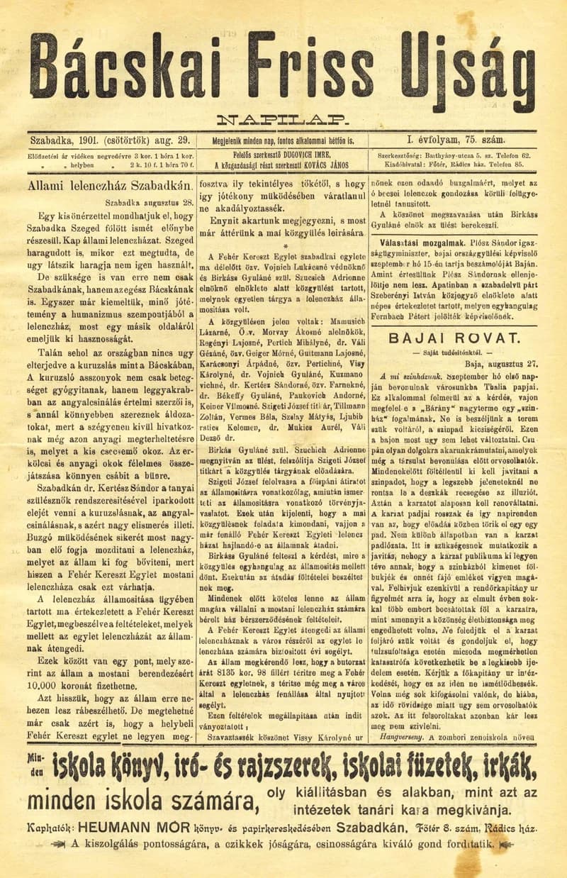 Bácskai Friss Ujság, 1. évf. 1903. augusztus 29. 75. sz.
