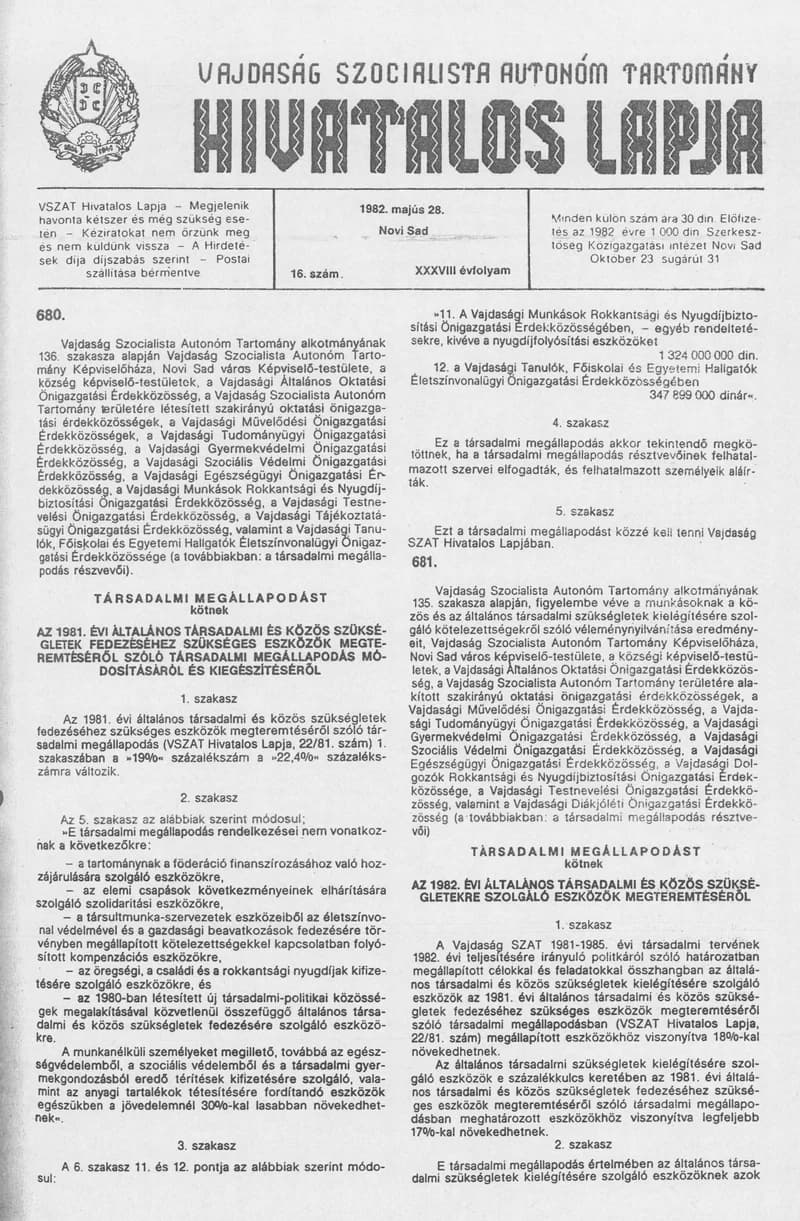 Vajdaság Szocialista Autonóm Tartomány Hivatalos Lapja, 38. évf. 1982. május 28. 16. sz.