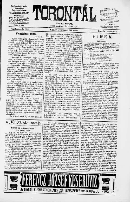 Torontál, 34. évf. 1905. november 11. 258. sz.