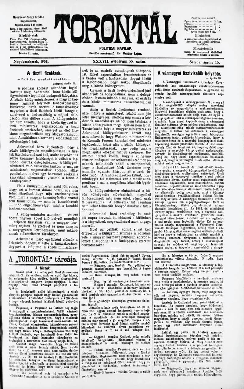 Torontál, 37. évf. 1908. április 15. 88. sz.