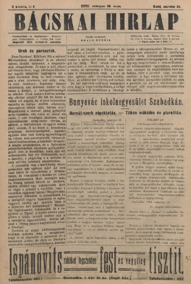 Bácskai Hirlap, 18. évf. 1914. március 24. 68. sz.