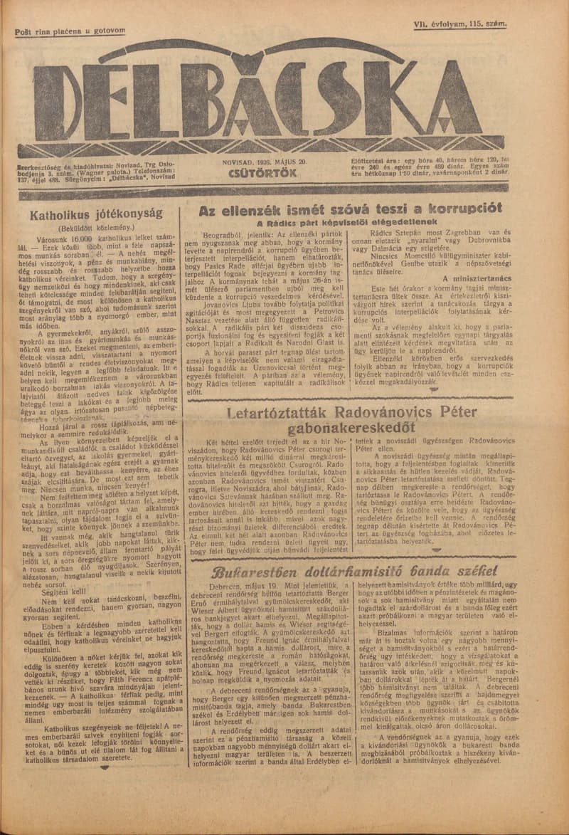 Délbácska, 7. évf. 1926. május 20. 115. sz.