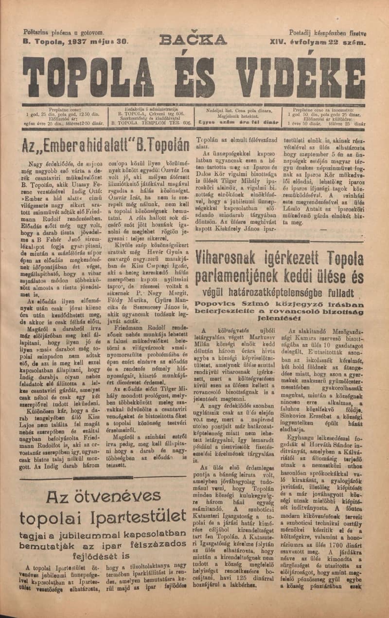 Bačka Topola és Vidéke, 14. évf. 1937. május 30. 22. sz.