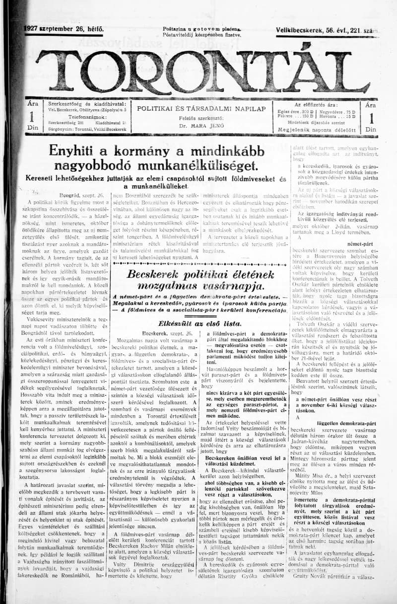 Torontál, 56. évf. 1927. szeptember 26. 221. sz.