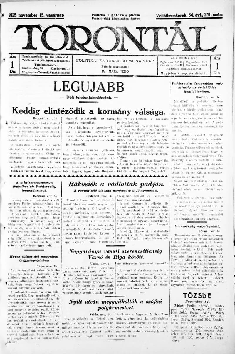Torontál, 54. évf. 1925. november 15. 261. sz.