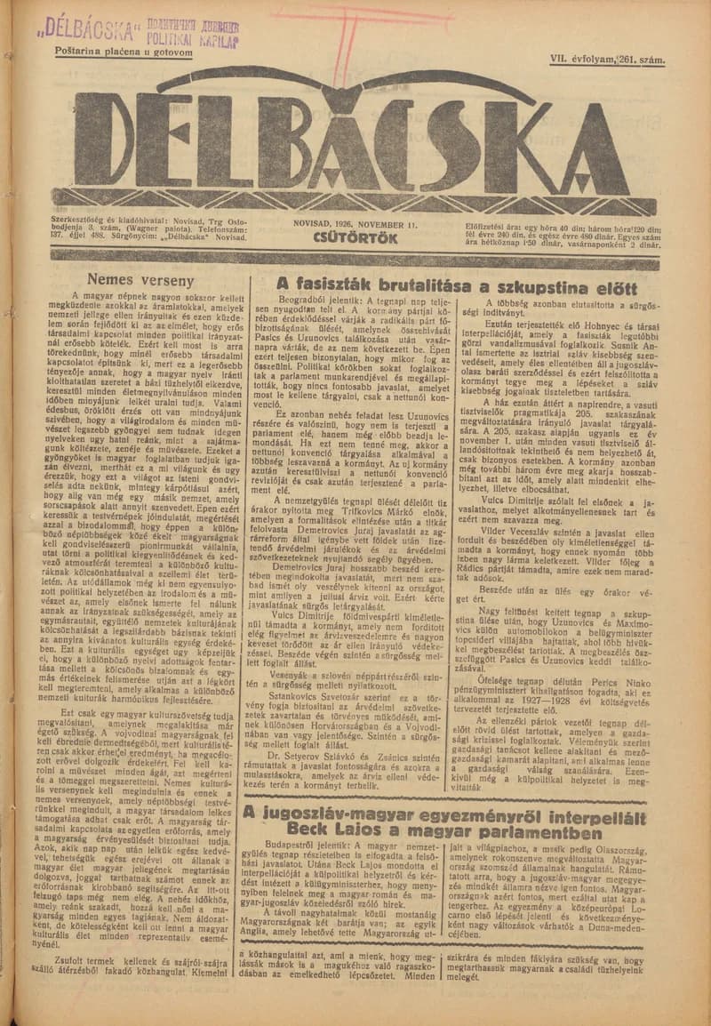 Délbácska, 7. évf. 1926. november 11. 261. sz.