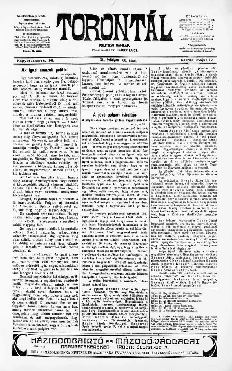 Torontál, 40. évf. 1911. május 10. 106. sz.
