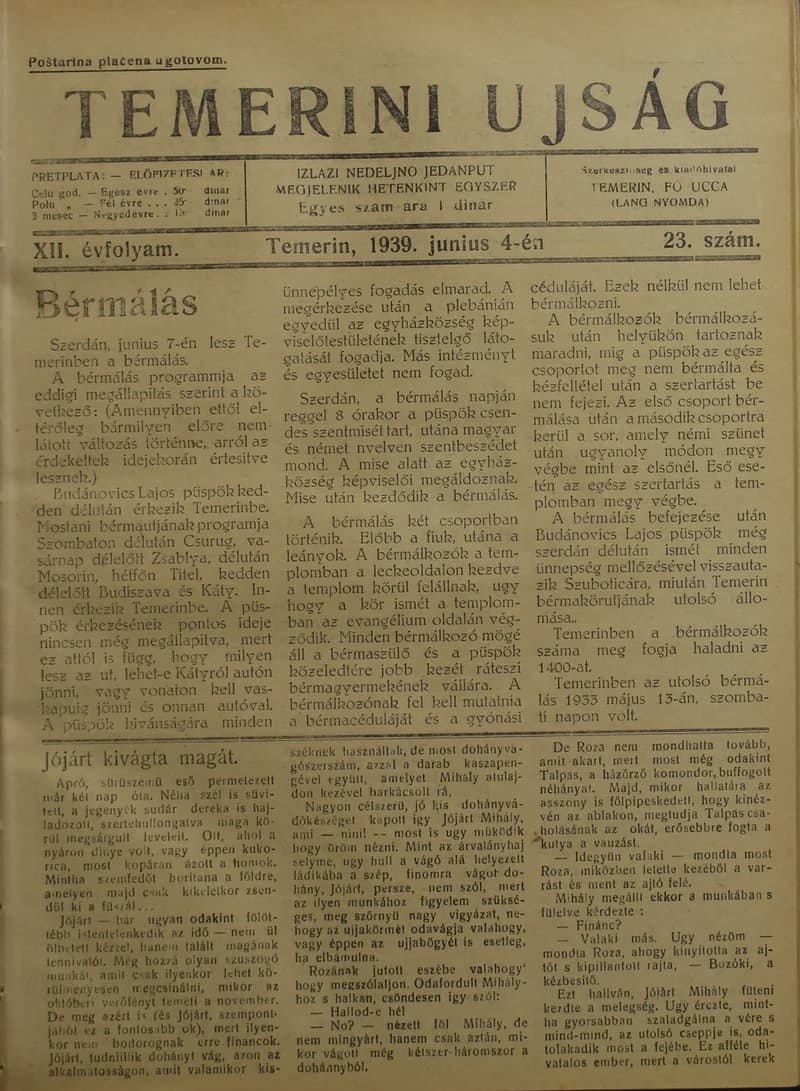 Temerini Újság 1928-1944, 12. évf. 1939. június 4. 23. sz.