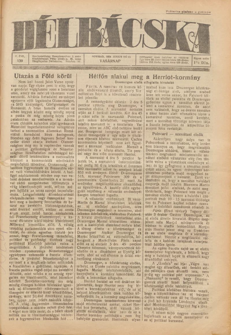 Délbácska, 5. évf. 1924. június 15. 139. sz.