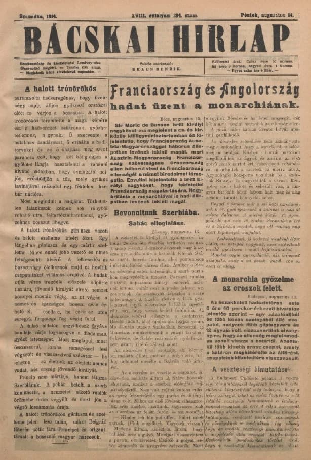 Bácskai Hirlap, 18. évf. 1914. augusztus 14. 184. sz.