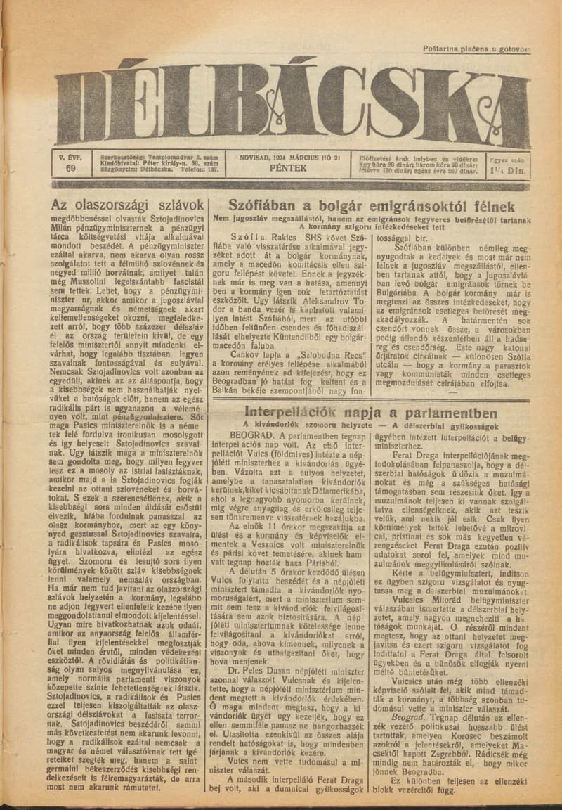 Délbácska, 5. évf. 1924. március 21. 69. sz.