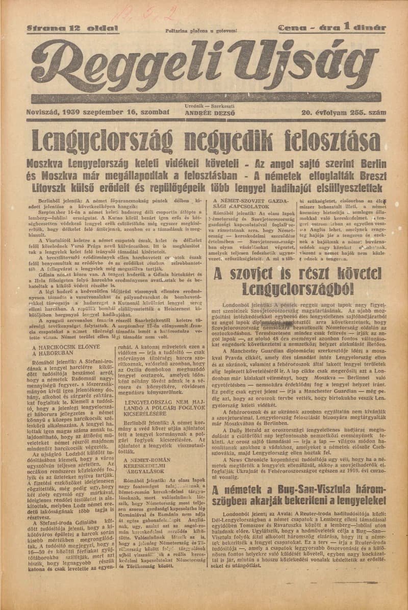 Reggeli Újság, 20. évf. 1939. szeptember 16. 255. sz.